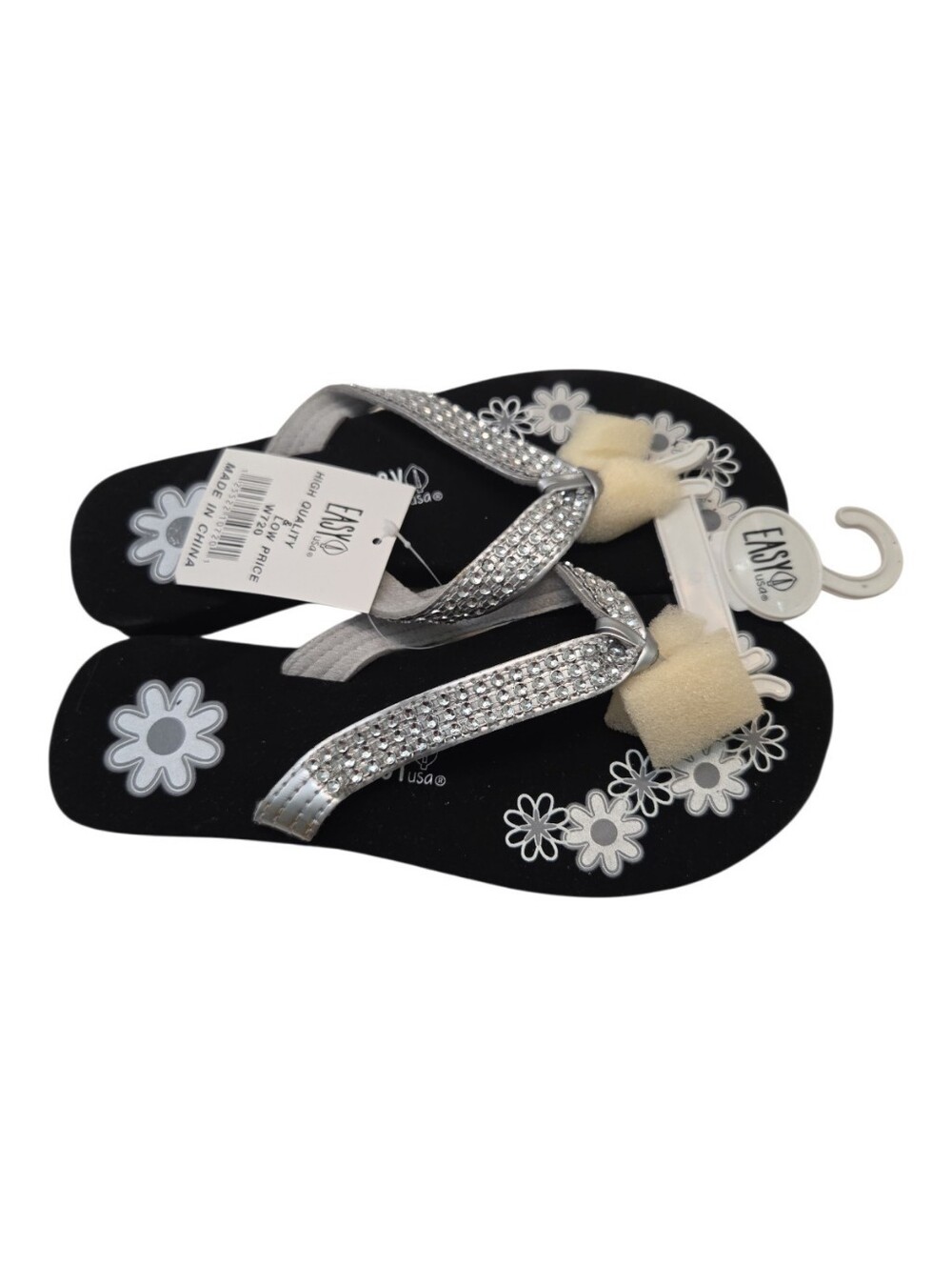 NWT EASY usa Rhinestone Floral Black Flip Flops